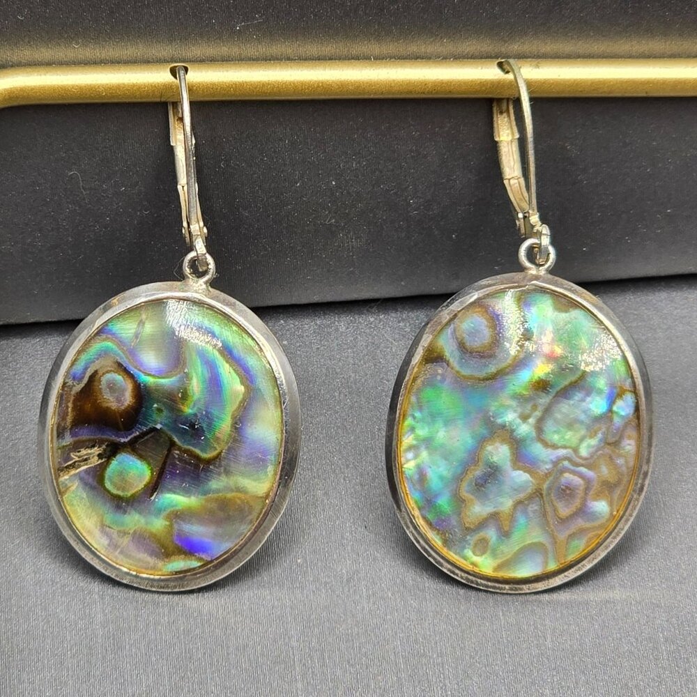 VTG 925 Sterling Silver Abalone Dangle Earrings 1.5" Paua Shell Leverback - Picture 1 of 5